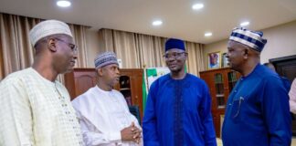 The Honourable Minister of Water Resources and Sanitation, Engr. Prof. Joseph Terlumun Utsev,(R), the Honourable Minister of State, Rt Honourable Bello Muhammad Goronyo Esq. (2nd L) and the Permanent Secretary, Alhaji Shehu Aliyu Shinkafi, received His Excellency, Governor Abdullahi Sule of Nasarawa state (2nd R) during a Courtesy visit on Tuesday 7th May, 2023 in Abuja.