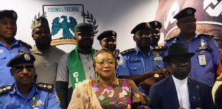 Seated L-R: representative of the Inspector General of Police, DIG Dasuki Galadachi, Minister of State of Police Affairs, Hajia Imaan Sulaiman-Ibrahim, Minister of State Youth Development Honourable Ayodele Olawande and other participants during the unveiling of The project “Young & Secure Project." Renewed Hope Program on security for young Nigerians to the pressmen today at the Banquet Hall, Aso Villa, Abuja.