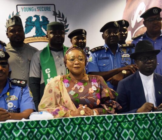 Seated L-R: representative of the Inspector General of Police, DIG Dasuki Galadachi, Minister of State of Police Affairs, Hajia Imaan Sulaiman-Ibrahim, Minister of State Youth Development Honourable Ayodele Olawande and other participants during the unveiling of The project “Young & Secure Project." Renewed Hope Program on security for young Nigerians to the pressmen today at the Banquet Hall, Aso Villa, Abuja.