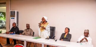 The Permanent Secretary Mrs. Tinuke Watti delivering the opening remarks during the workshop. To her right is the Ag. Director Reform Co-ordination Mr. Abdullahi Ibrahim Aliyu and the Ag. Director HRM, Mr. Kalu N. Kalu. To her left is the Lead Consultant Mrs. Modupe Bankole and Ag. Director Special Duties Mr. Isah Tijjani.