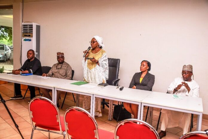 The Permanent Secretary Mrs. Tinuke Watti delivering the opening remarks during the workshop. To her right is the Ag. Director Reform Co-ordination Mr. Abdullahi Ibrahim Aliyu and the Ag. Director HRM, Mr. Kalu N. Kalu. To her left is the Lead Consultant Mrs. Modupe Bankole and Ag. Director Special Duties Mr. Isah Tijjani.
