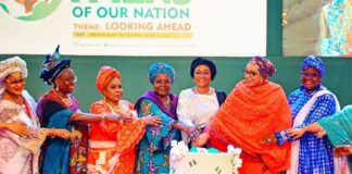 L-R Former Minister, Chief Mrs Nike Akande, wife of former president, Mrs Bola Obasanjo, Former First Lady, Dame Patience Jonathan, Former First Lady, Mrs Victoria Gowon, the First Lady of the Federal republic of Nigeria Senator Oluremi Tinubu, wife of the Vice President Hajia Nana Shettima and wife of the Senate President Mrs Ekaette Akpabio cutting the cake at an event tagged Celebrating the Mothers of our nation in commemoration of the First Anniversary of the Administration of President Bola Ahmed Tinubu held in Abuja on Saturday 25th May