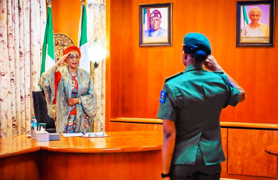 The First Lady of the Federal Republic of Nigeria, Senator Oluremi Tinubu, CON and 2nd Lt Princess Oluchukwu Owowoh at the State House at the presentation of Owowoh to the First Lady after her commissioning and graduation from Royal Military Academy, Sandhurst, UK at the State House, Abuja on Monday 6th May 2024