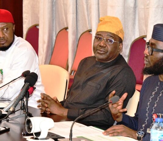 From left. Senior Special Assistant to the President on Media and Communications office of the Vice President, Stanley Nkwocha ; Deputy Chief of Staff (DCOS) to the President office of the Vice President, Sen. Ibrahim Hadejia ; Senior Special Assistant to the President International Cooperation, Dapo Oyewole and Director Information and Public Relations, Sola Abiola during a press conference by DCOS ahead of a high-level dialogue on advancing the gains made within the last year of the Tinubu administration billed to hold in Abuja tomorrow, Friday May 17.