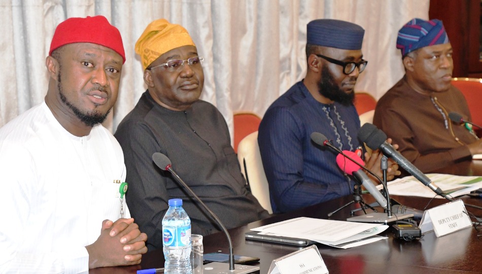 From left. Senior Special Assistant to the President on Media and Communications office of the Vice President, Stanley Nkwocha ; Deputy Chief of Staff (DCOS) to the President office of the Vice President, Sen. Ibrahim Hadejia ; Senior Special Assistant to the President International Cooperation, Dapo Oyewole and Director Information and Public Relations, Sola Abiola during a press conference by DCOS ahead of a high-level dialogue on advancing the gains made within the last year of the Tinubu administration billed to hold in Abuja tomorrow, Friday May 17.