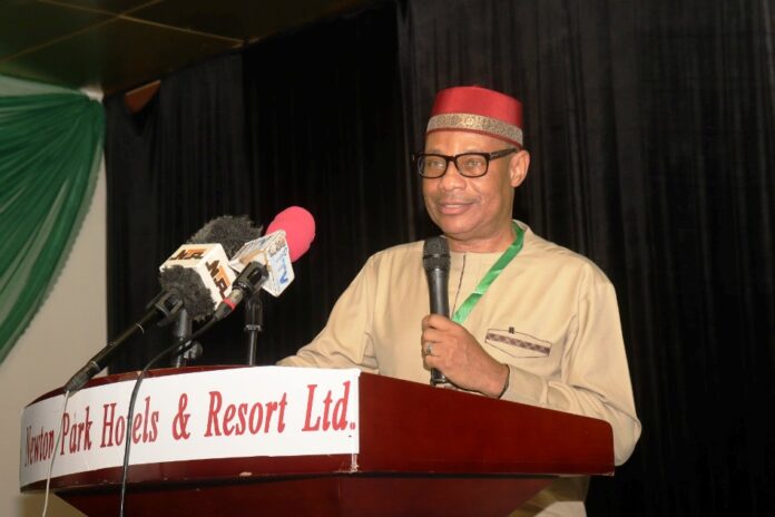 Special Guest of the Occasion, Permanent Secretary Ministry of Aviation and Aerospace Development; Dr. Emmanuel Meribole Giving out his address at the event.