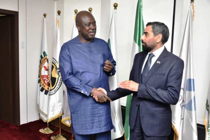 H.E. Salem Saeed Al-Shamsi during the courtesy visit 1 Minister of State Petroleum Resources (Oil), Sen. Heineken Lokpobiri (left) in a handshake with the Ambassador of the United Arab Emirate (UAE) to Nigeria, H.E. Salem Saeed Al-Shamsi during the courtesy visit to the Minister in Abuja