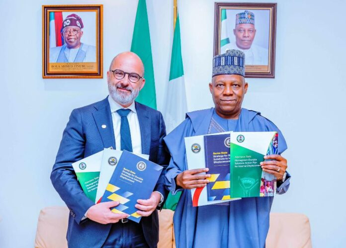 Internal Displacement in Nigeria Special Adviser on Solutions to Internal Displacement to UN Secretary General, Mr Robert Piper and Vice-President Kashim Shettima at the Launch of State Action Plans on Durable Solutions to Internal Displacement at the Presidential Villa in Abuja on Monday, 27th May, 2024.