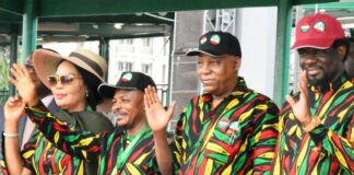 From left. Minister of State for Labour and Employment , Barr Nkeiruka Onyejeocha ; President, Nigeria Labour Congress, Comrade Joe Ajaero; Vice President Kashim Shettima and President, Trade Union Congress, Comrade Festus Osifo during 2024 May Day Commemoration at the Eagle Square Abuja on Wednesday (01/05/24).