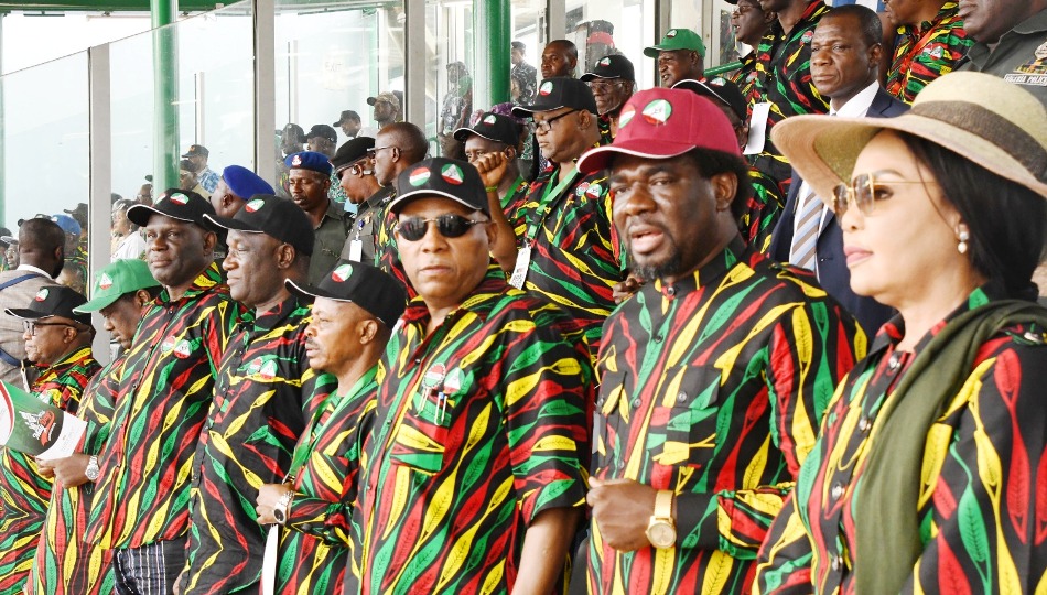 Vice President Kashim Shettima (3rd –R) ; Secretary to the Government of the Federation, Sen. George Akume( 2nd-L); Minister of State for Labour and Employment, Barr. Nkeiru Onyejeocha ( R ); President, Trade Union Congress, Comrade Festus Osifo and others during 2024 May Day Commemoration at the Eagle Square Abuja on Wednesday (01/05/24).