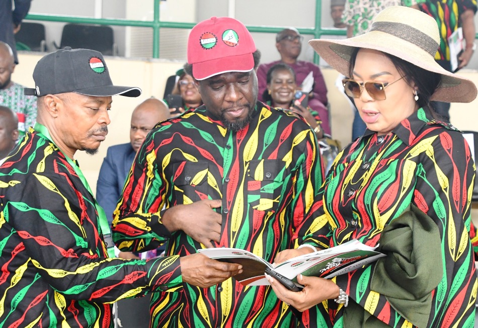From left. ; President, Nigeria Labour Congress, Comrade Joe Ajaero; President, Trade Union Congress, Comrade Festus Osifo and Minister of State for Labour and Employment , Barr Nkeiruka Onyejeocha during 2024 May Day Commemoration at the Eagle Square Abuja on Wednesday (01/05/24).