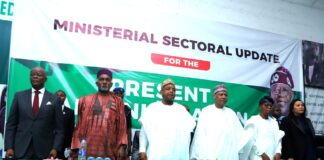 L-R, Wale Edun, Honourable Minister of Finance, & Coordinating Minister of the Economy, Yusuf Maitama tuggar-Honourable Minister of Foreign Affairs, Senator Abubakar Atiku Bagudu-Honourable Minister of Budget & National Planning, Mohammed Idris-Honourable Minister of Information & National Orientation, Adegboyega Oyetola-Honourable Minister of Marine & Blue Economy, and Doris Nkiruka Uzoka-Anite-Honourable Minister of Industry, Trade & Investment during the Ministerial Press Briefing, Radio House, Abuja.
