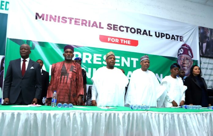 Ministerial Press Briefing L-R, Wale Edun, Honourable Minister of Finance, & Coordinating Minister of the Economy, Yusuf Maitama tuggar-Honourable Minister of Foreign Affairs, Senator Abubakar Atiku Bagudu-Honourable Minister of Budget & National Planning, Mohammed Idris-Honourable Minister of Information & National Orientation, Adegboyega Oyetola-Honourable Minister of Marine & Blue Economy, and Doris Nkiruka Uzoka-Anite-Honourable Minister of Industry, Trade & Investment during the Ministerial Press Briefing, Radio House, Abuja.