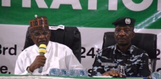 L_R:Minister of Police Affairs, Senator Ibrahim Gaidam and Inspector General of Police, IGP kayode Egbetokun during the Ministerial Sectoral update for the President scorecard briefing held at the National Press Centre, Radio House Abuja.