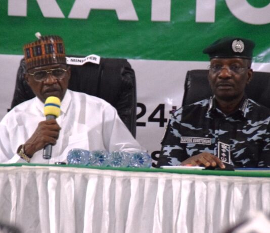 L_R:Minister of Police Affairs, Senator Ibrahim Gaidam and Inspector General of Police, IGP kayode Egbetokun during the Ministerial Sectoral update for the President scorecard briefing held at the National Press Centre, Radio House Abuja.