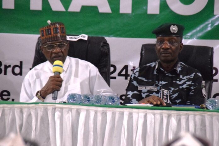 Ministerial Sectoral update L_R:Minister of Police Affairs, Senator Ibrahim Gaidam and Inspector General of Police, IGP kayode Egbetokun during the Ministerial Sectoral update for the President scorecard briefing held at the National Press Centre, Radio House Abuja.
