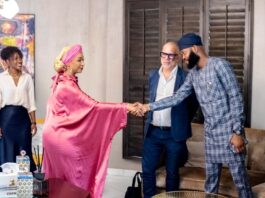 Honourable Minister of Arts, Culture and the Creative Economy Barrister Hannatu Musa Musawa welcomes Alfonso Perez-Soto, President, Emerging Markets at Warner Music Group and Ayodele Babalola, Technical Assistant on Media and Communications to the Director General,National Identity Management Commission NIMC during a courtesy visit.