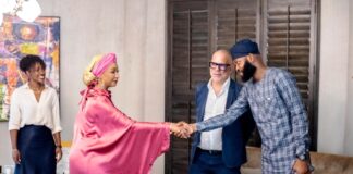 Honourable Minister of Arts, Culture and the Creative Economy Barrister Hannatu Musa Musawa welcomes Alfonso Perez-Soto, President, Emerging Markets at Warner Music Group and Ayodele Babalola, Technical Assistant on Media and Communications to the Director General,National Identity Management Commission NIMC during a courtesy visit.