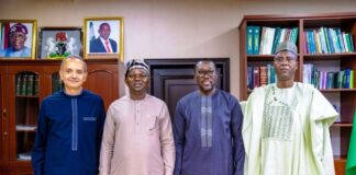 The Honourable Minister of Water Resources and Sanitation, Engr. Prof. Joseph Terlumun Utsev (2nd L), accompanied by the Permanent Secretary Alhaji Shehu Aliyu Shinkafi (R) received the Incoming Country Director World Bank Mr. Ndiame Diop (2nd R) and the Outgoing Country Director, World Bank, Mr. Shubham Chaoudhuri (L) during a courtesy visit to the Honourable Minister on Monday 29th April , 2024 in Abuja