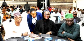 R-L, Hon. Minister of State for Youth Development, Ayodele Olawande, Hon. Minister of Youth Development, Dr. Jamila Bio Ibrahim and Permanent Secretary, Federal Ministry of Youth Development, Dr. Dunoma Umar Ahmed at the closing ceremony of a 2 Day Ministry's Retreat on the Presidential Priorities and Deliverables in Abuja.