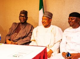 L-R: Chairman Nigeria Governor's Forum and Governor of Kwara State Abdullahman Abdullazaq, Honourable Minister of Budget and Economic Planning Senator Abubakar Atiku Bagudu,Honourable Minister of Water Resources and Sanitation Engr Professor Joseph Terlumun Utsev, during a meeting between Nigeria and a delegation from the Kingdom of Saudi Arabia
