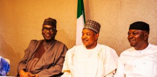 L-R: Chairman Nigeria Governor's Forum and Governor of Kwara State Abdullahman Abdullazaq, Honourable Minister of Budget and Economic Planning Senator Abubakar Atiku Bagudu,Honourable Minister of Water Resources and Sanitation Engr Professor Joseph Terlumun Utsev, during a meeting between Nigeria and a delegation from the Kingdom of Saudi Arabia