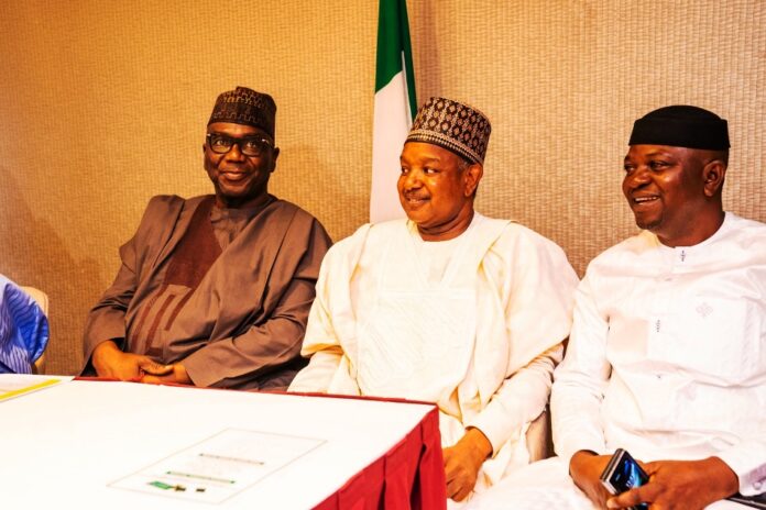 Nigeria, Kingdom of Saudi Arabia1 L-R: Chairman Nigeria Governor's Forum and Governor of Kwara State Abdullahman Abdullazaq, Honourable Minister of Budget and Economic Planning Senator Abubakar Atiku Bagudu,Honourable Minister of Water Resources and Sanitation Engr Professor Joseph Terlumun Utsev, during a meeting between Nigeria and a delegation from the Kingdom of Saudi Arabia