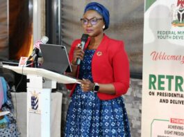 Dr. Jamila Bio Ibrahim, Hon. Minister of Youth Development delivering her speech at the ongoing Retreat on Presidential Priorities and Deliverables organised by the Federal Ministry of Youth Development.