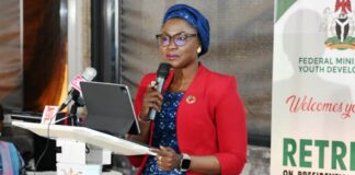 Dr. Jamila Bio Ibrahim, Hon. Minister of Youth Development delivering her speech at the ongoing Retreat on Presidential Priorities and Deliverables organised by the Federal Ministry of Youth Development.