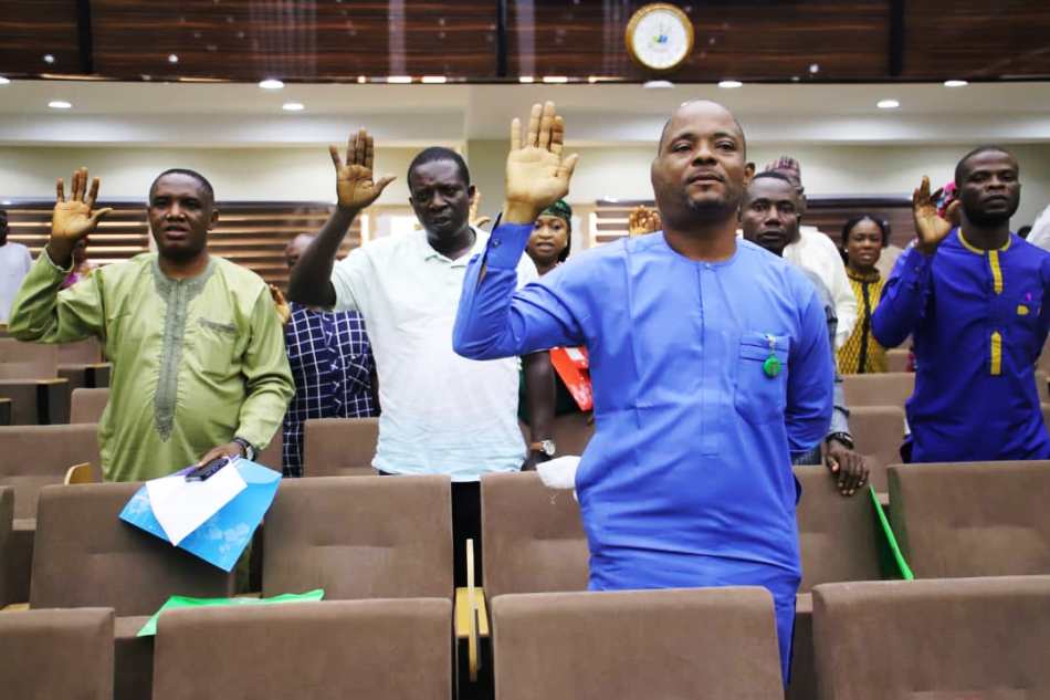 Cross section of participants being administered the Oath of Secrecy during the in-house sensitization lecture in Abuja.