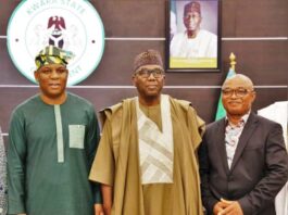 L-R: The Honourable Minister of Steel Development, Prince Shuaibu Abubakar Audu; Executive Governor of Kwara State, His Excellency AbdulRahman Abdulrazaq and CEO of KAM Holding Ltd, Dr. Kamoru Yusuf during the Minister's Working visit to Kwara State on Tuesday, 7th May, 2024.