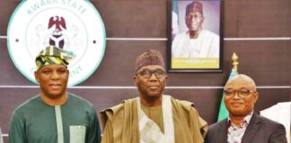 L-R: The Honourable Minister of Steel Development, Prince Shuaibu Abubakar Audu; Executive Governor of Kwara State, His Excellency AbdulRahman Abdulrazaq and CEO of KAM Holding Ltd, Dr. Kamoru Yusuf during the Minister's Working visit to Kwara State on Tuesday, 7th May, 2024.