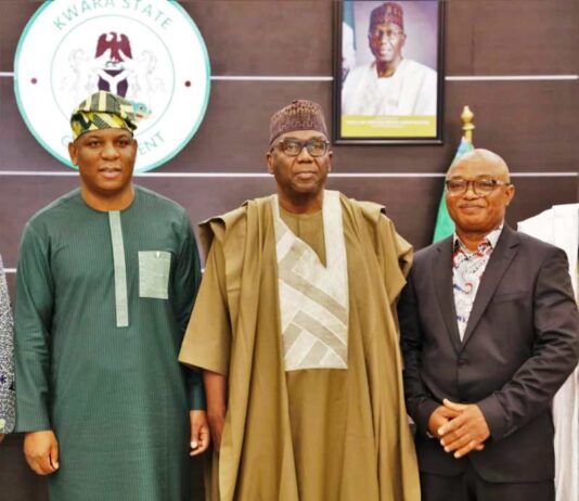 L-R: The Honourable Minister of Steel Development, Prince Shuaibu Abubakar Audu; Executive Governor of Kwara State, His Excellency AbdulRahman Abdulrazaq and CEO of KAM Holding Ltd, Dr. Kamoru Yusuf during the Minister's Working visit to Kwara State on Tuesday, 7th May, 2024.