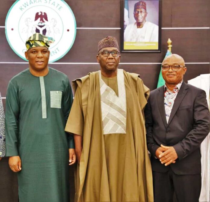 L-R: The Honourable Minister of Steel Development, Prince Shuaibu Abubakar Audu; Executive Governor of Kwara State, His Excellency AbdulRahman Abdulrazaq and CEO of KAM Holding Ltd, Dr. Kamoru Yusuf during the Minister's Working visit to Kwara State on Tuesday, 7th May, 2024.
