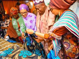 Wife of Senate President, Mrs Ekaette Akpabio, Wife of the Vice President and representative of the First Lady Hajia Nana Shettima, National Chairman of the APC, Abdullahi Ganduje and APC National Women Leader, Mrs Alile-Idele at the donation of fabrics in commercial quantity by the First Lady, Senator Oluremi Tinubu to APC women held in Abuja on Wednesday 22nd May