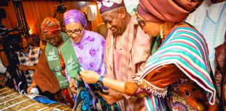 Wife of Senate President, Mrs Ekaette Akpabio, Wife of the Vice President and representative of the First Lady Hajia Nana Shettima, National Chairman of the APC, Abdullahi Ganduje and APC National Women Leader, Mrs Alile-Idele at the donation of fabrics in commercial quantity by the First Lady, Senator Oluremi Tinubu to APC women held in Abuja on Wednesday 22nd May