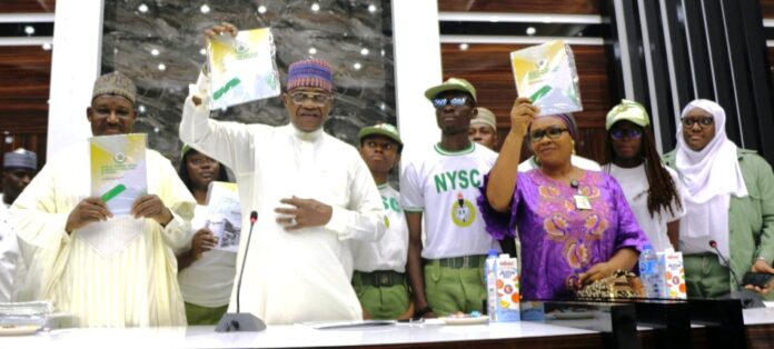 Safety and Security of Citizens -Gaidam1 L-R: Permanent Secretary, Dr. Nasir Sani Gwarzo; Minister of Police Affairs, Senator Ibrahim Gaidam; Representative of Director General of National Youth Service Corp (NYSC) , Assistant Director (HRM), Mrs. Chika Chris-moneke and Corp members during the presentation of a report on the Role of Corpers (NYSC) in improving policing in Nigeria held at the Education conference room, Federal Secretariat, Abuja