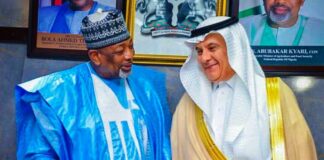 L-R, the Minister of Agriculture and Food Security, Sen Abubakar Kyari and the Saudi Arabia, Minister of Environment Water and Agriculture, Engr AbdulRahman Alfadley during the couresty visit in Abuja.
