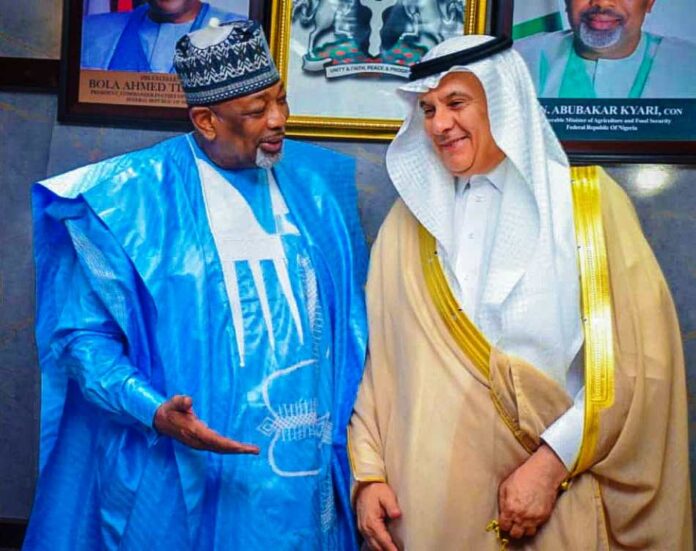 Saudi Arabia couresty visit L-R, the Minister of Agriculture and Food Security, Sen Abubakar Kyari and the Saudi Arabia, Minister of Environment Water and Agriculture, Engr AbdulRahman Alfadley during the couresty visit in Abuja.