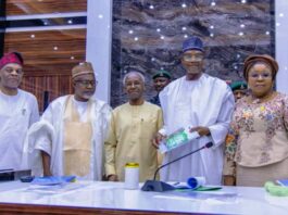 Minister of Education Prof Tahir Mamann OON SAN (2nd R) the Minister of State Education Hon Dr Yusuf Tanko Sununu (2nd L), The Permanent Secretary Education Mrs Didi Walson Jack OON mni (1st R), Executive Secretary TETfund Arc Sunny S. T Echono (1st L) , Chairman Ad-hoc Committee Prof Oyewo Tomori (C) during the presentation of the report of Committees on Assessment and Review of TETFund Centres of Excellence and Operationalization of Skills Development Special Intervention in Abuja.