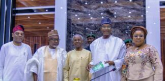 Minister of Education Prof Tahir Mamann OON SAN (2nd R) the Minister of State Education Hon Dr Yusuf Tanko Sununu (2nd L), The Permanent Secretary Education Mrs Didi Walson Jack OON mni (1st R), Executive Secretary TETfund Arc Sunny S. T Echono (1st L) , Chairman Ad-hoc Committee Prof Oyewo Tomori (C) during the presentation of the report of Committees on Assessment and Review of TETFund Centres of Excellence and Operationalization of Skills Development Special Intervention in Abuja.