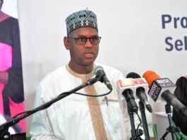 The Honourable Minister of State, Rt Hon. Bello Muhammad Goronyo Esq., delivering his address during the unveiling of WS4H/25th Anniversary of SHA in Abuja today