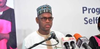 The Honourable Minister of State, Rt Hon. Bello Muhammad Goronyo Esq., delivering his address during the unveiling of WS4H/25th Anniversary of SHA in Abuja today