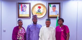 The Hon. Minister Mohammed Idris (second, right) with Moremi Ojudu, SSAP South West (first, right), Abiodun Essiet, SSAP North Central (Extreme left), and Abdullahi Tanko Yakasai, SSAP North West (third left) during a courtesy call by Senior Special Assistants to the President on Community Engagement on the Minister.
