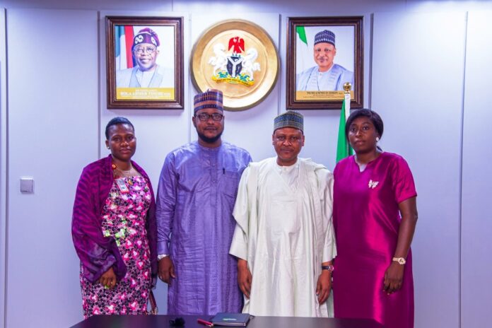 courtesy call by Senior Special Assistants to the President on Community Engagement The Hon. Minister Mohammed Idris (second, right) with Moremi Ojudu, SSAP South West (first, right), Abiodun Essiet, SSAP North Central (Extreme left), and Abdullahi Tanko Yakasai, SSAP North West (third left) during a courtesy call by Senior Special Assistants to the President on Community Engagement on the Minister.