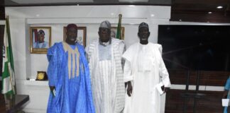 Hon. Chairman, Federal Civil Service Commission (FCSC), Prof. Tunji Olaopa (M) with Yobe State Head of Civil Service-Alhaji M. Hamidu Alhaji (L) and Chairman Yobe State-CSC, Gagarau Isa Bizi (R) on a courtesy visit Prof. Olaopa on Thursday.