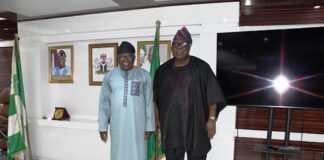 Hon. Chairman FCSC, Prof. Tunji Olaopa (R) with Taraba State Head of the Civil Service- Mr. Paul Maigada Tino in his office.