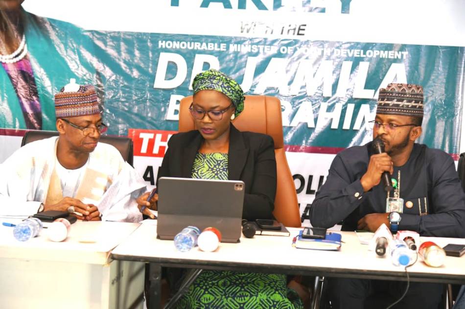 L-R Dr. Dunoma Umar Ahmed, Permanent Secretary Federal Ministry of Youth Development, Dr. Jamila Bio Ibrahim, Hon Minister of Youth Development and Mohammed Abbah Isah, Senior Special Assistant to Mr. President on people with Special needs during a Youth critical stakeholders parley with the Hon. Minister of Youth Development, Dr. Jamila Bio Ibrahim in her office today May 15, 2024.