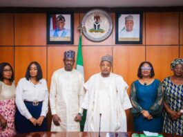 3rd Left - The Managing Director/Chief Executive, Nigerian Film Corporation, Dr. Ali Nuhu, Hon. Minister of Budget and Economic planning, Senator Abubakar Atiku Bagudu, Director/Economic Growth, Mrs. Elizabeth Egharevba and other dignitaries during the Corporation's courtesy visit to the Ministry, today, in Abuja.