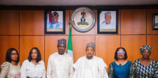 3rd Left - The Managing Director/Chief Executive, Nigerian Film Corporation, Dr. Ali Nuhu, Hon. Minister of Budget and Economic planning, Senator Abubakar Atiku Bagudu, Director/Economic Growth, Mrs. Elizabeth Egharevba and other dignitaries during the Corporation's courtesy visit to the Ministry, today, in Abuja.